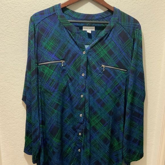 Susan Graver Blue Green Black Plaid Stretch Top Button Up Side Slits Size 2X - Picture 1 of 8